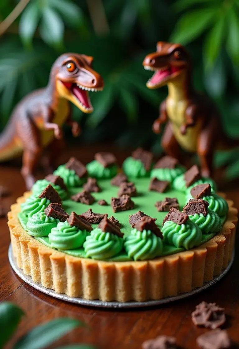 Jurassic Park Barbasol Can Shaving Cream Pie decorated with green frosting and chocolate chunks in a jungle-themed setting
