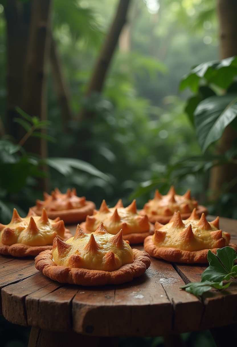Jurassic Park Clever Girl Raptor Claw Pastries on a rustic table in a jungle-themed scene, realistic and detailed, inspired by the movie.