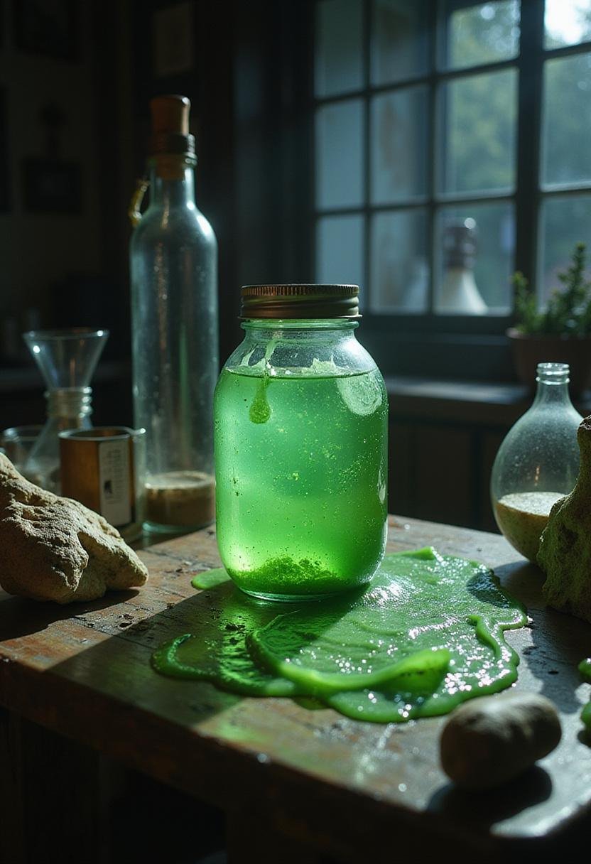 Jurassic Park inspired green goo slime in a laboratory scene, realistic slime texture, fossil bones, and scientific equipment for an immersive look.