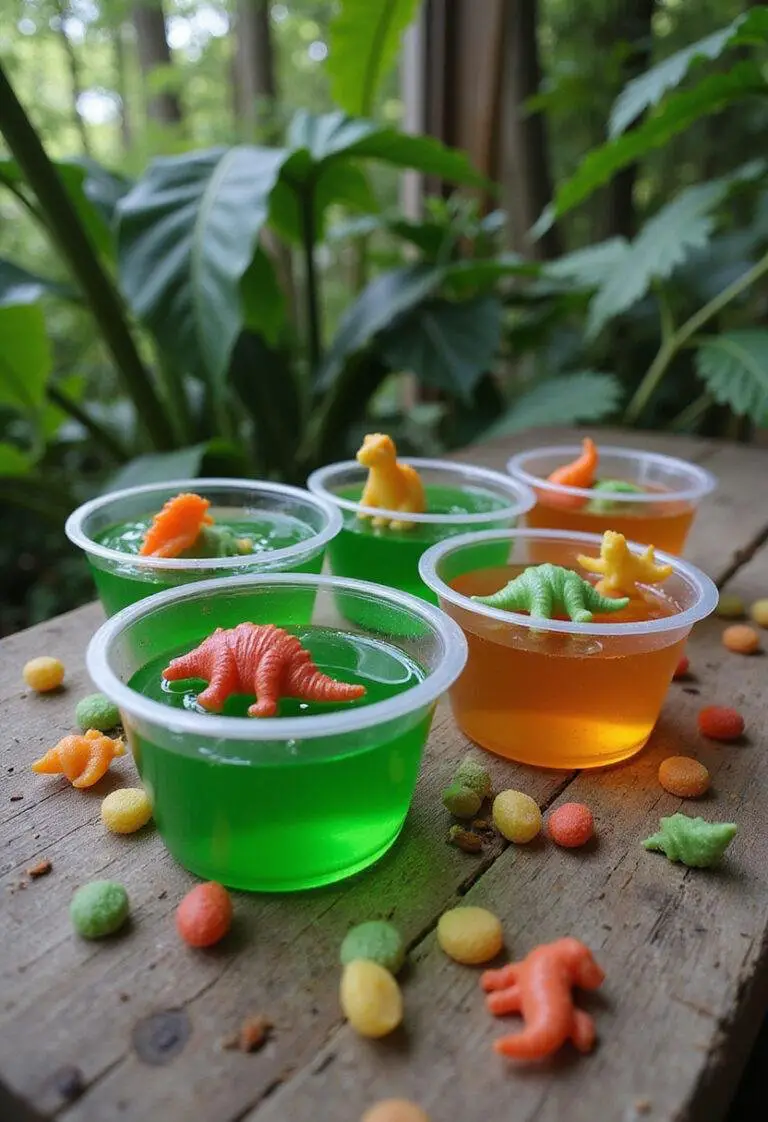Jurassic Park Dino DNA Jello Cups with colorful gelatin and dinosaur candies in a lush jungle setting