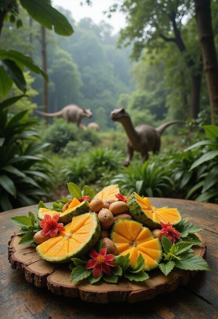 Jurassic Park Isla Nublar Tropical Fruit Salad served on a rustic platter in a jungle setting, showcasing fresh tropical fruits in a lush prehistoric environment.