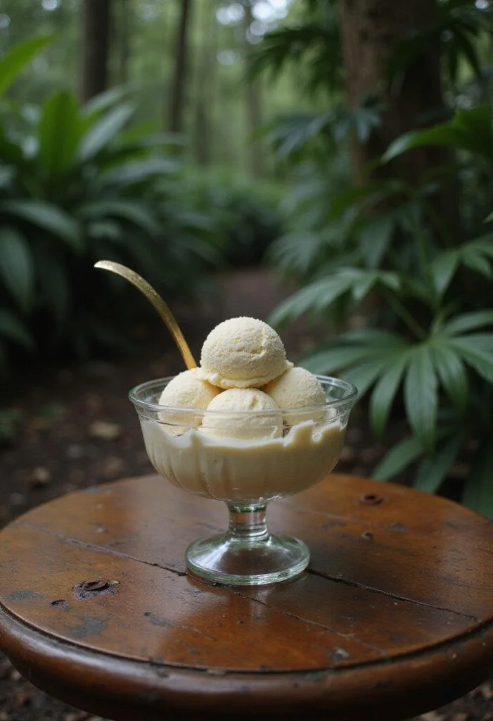 Jurassic Park John Hammond's Spared No Expense Ice Cream served in an elegant glass in a jungle setting