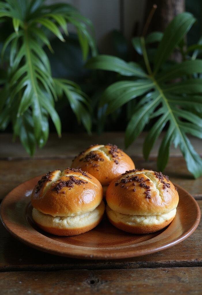 Jurassic Park Mr. Arnold's Hold Onto Your Butts Buns served on a wooden tray with jungle scenery in the background, capturing the iconic humor of the film.