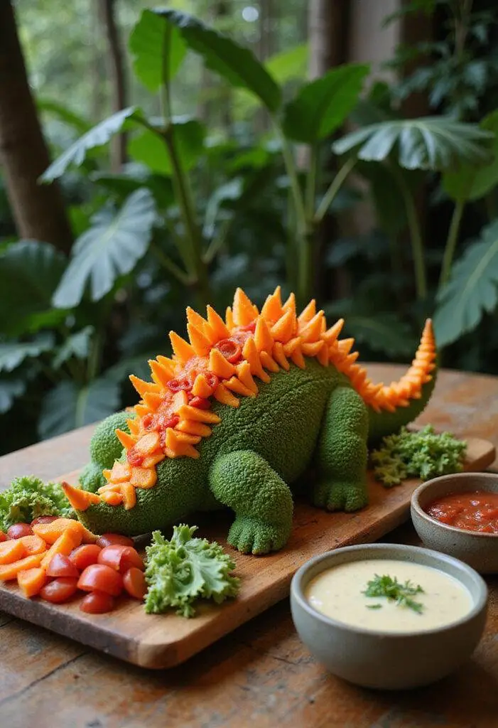 Jurassic Park Triceratops Veggie Platter with fresh vegetables in a jungle-themed setting
