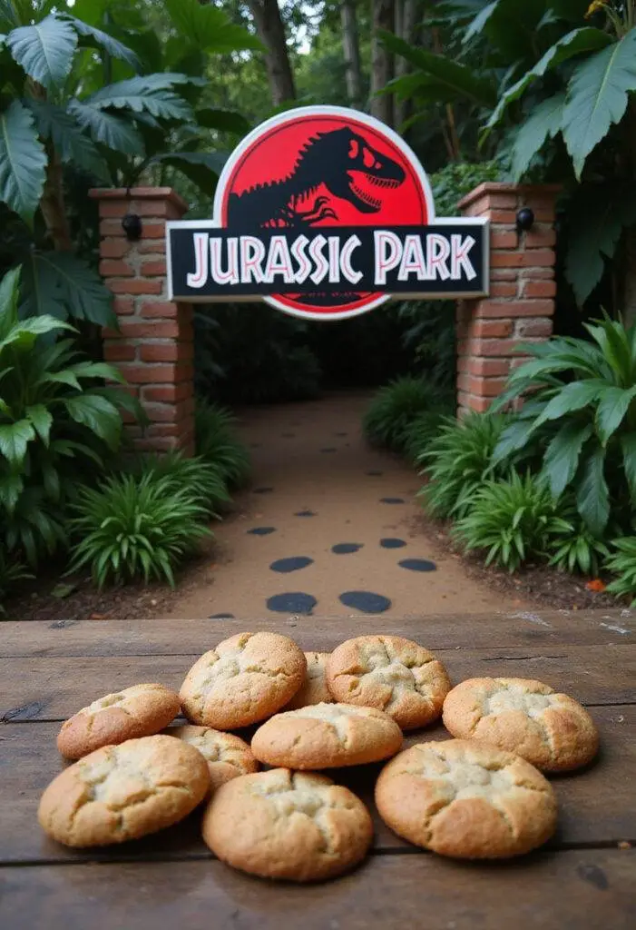 Jurassic Park Welcome to Jurassic Park Gate Cookies scene with decorated dinosaur-themed cookies on a wooden table in jungle setting