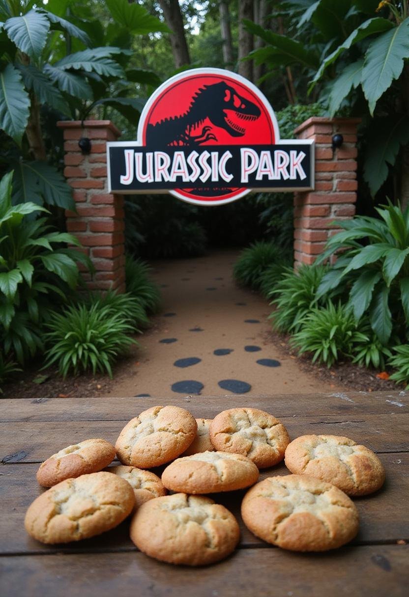 Jurassic Park Welcome to Jurassic Park Gate Cookies scene with decorated dinosaur-themed cookies on a wooden table in jungle setting