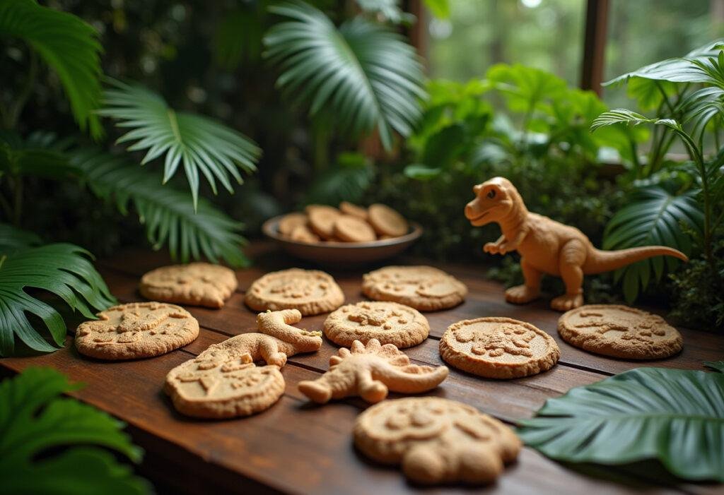 Jurassic Park's Dinosaur Fossil Cookies displayed on a table with jungle decor and dinosaur-themed elements.