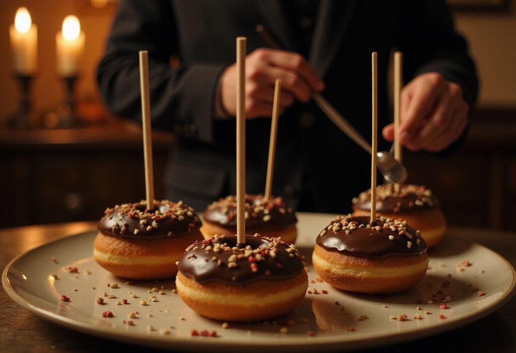 Delicious doughnut hole cake pops styled in a Knives Out movie-inspired noir setting, perfect for Benoit Blanc food enthusiasts.