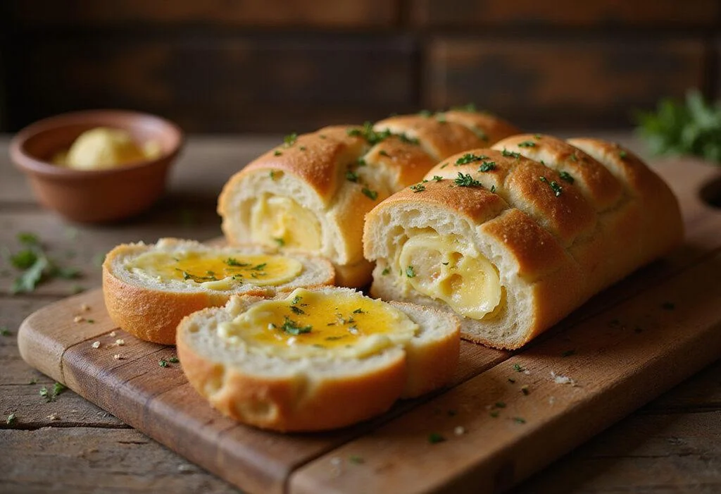 Lady and the Tramp's Tony's garlic bread served in a cozy Italian-American kitchen setting, showcasing a golden, garlic butter topped loaf with fresh herbs.