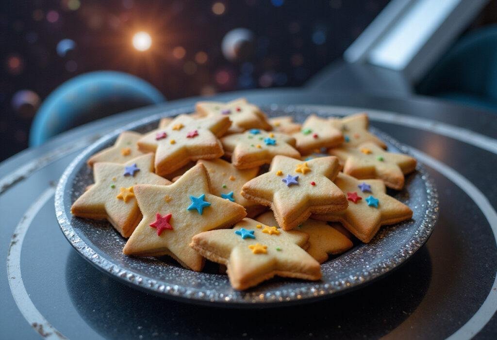 Lightyear's Star Command Cookies: space-themed star-shaped cookies decorated with colorful icing, placed on a futuristic table inspired by the Lightyear movie.