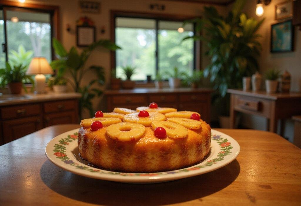 Lilo & Stitch's Ohana Pineapple Upside-Down Cake, a delicious Hawaiian pineapple cake with caramelized pineapple slices in a tropical-themed kitchen scene