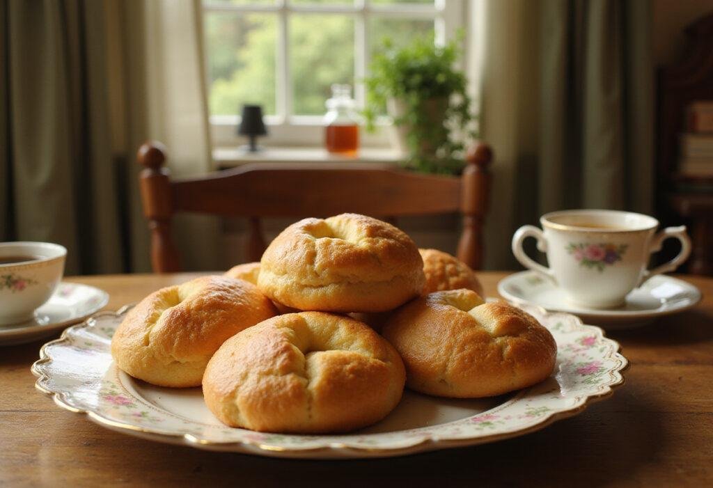 Little Women's Christmas Breakfast Popovers on a vintage plate in a cozy morning setting, inspired by Little Women style and March sisters food tradition