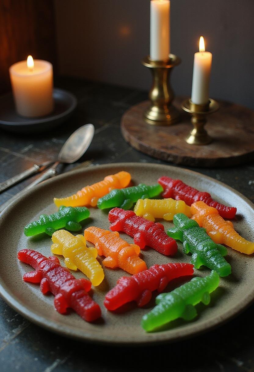 Loki Alligator Gummy Gators arranged on a themed plate inspired by Marvel's Loki series, in a setting reminiscent of Asgard or the TVA for a realistic food image.