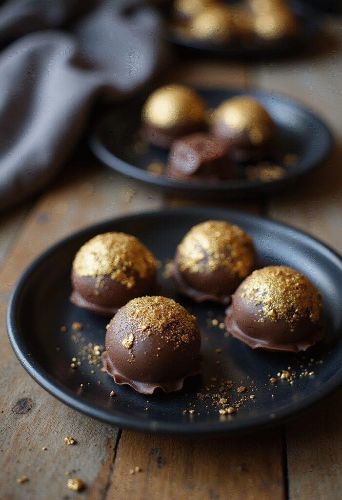 Loki Glorious Purpose Gold-Dusted Truffles on a black plate, luxurious Nordic-themed setting, perfect for fans of the Loki series or gourmet chocolate lovers