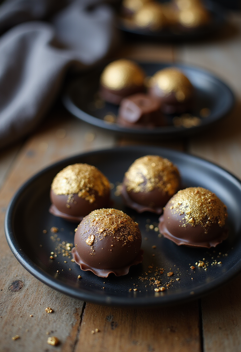 Loki Glorious Purpose Gold-Dusted Truffles on a black plate, luxurious Nordic-themed setting, perfect for fans of the Loki series or gourmet chocolate lovers