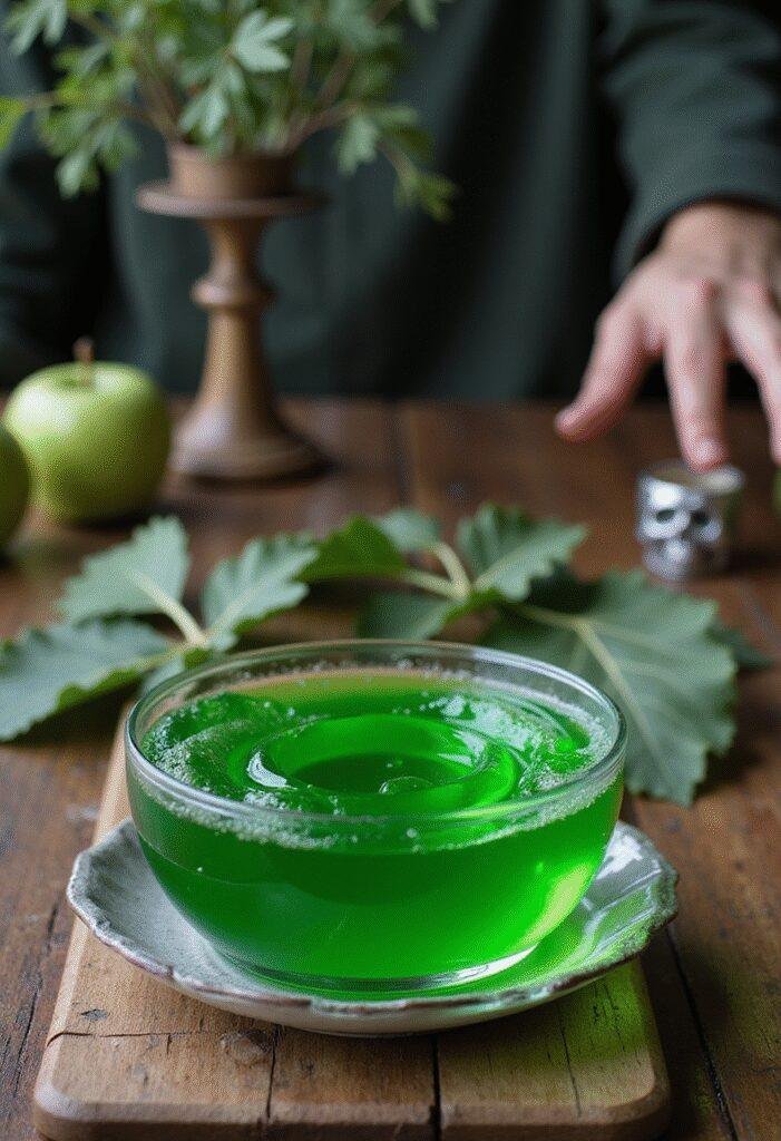 Loki God of Mischief Green Apple Jello in a clear bowl on a wooden table with Norse-themed decor, realistic and colorful.