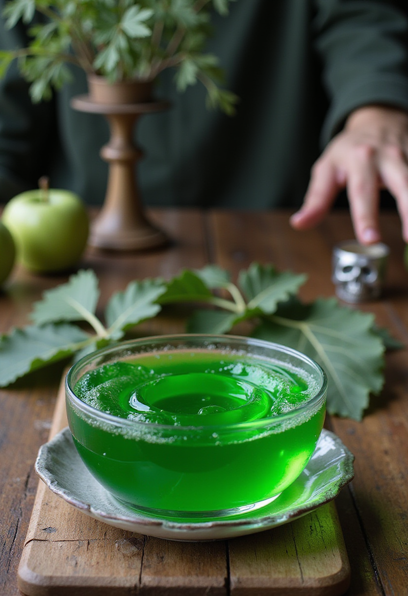 Loki God of Mischief Green Apple Jello in a clear bowl on a wooden table with Norse-themed decor, realistic and colorful.