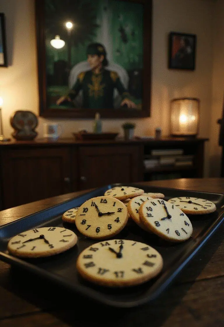 Loki Miss Minutes Clock Cookies arranged on a black tray in a themed Marvel Loki TV show setting