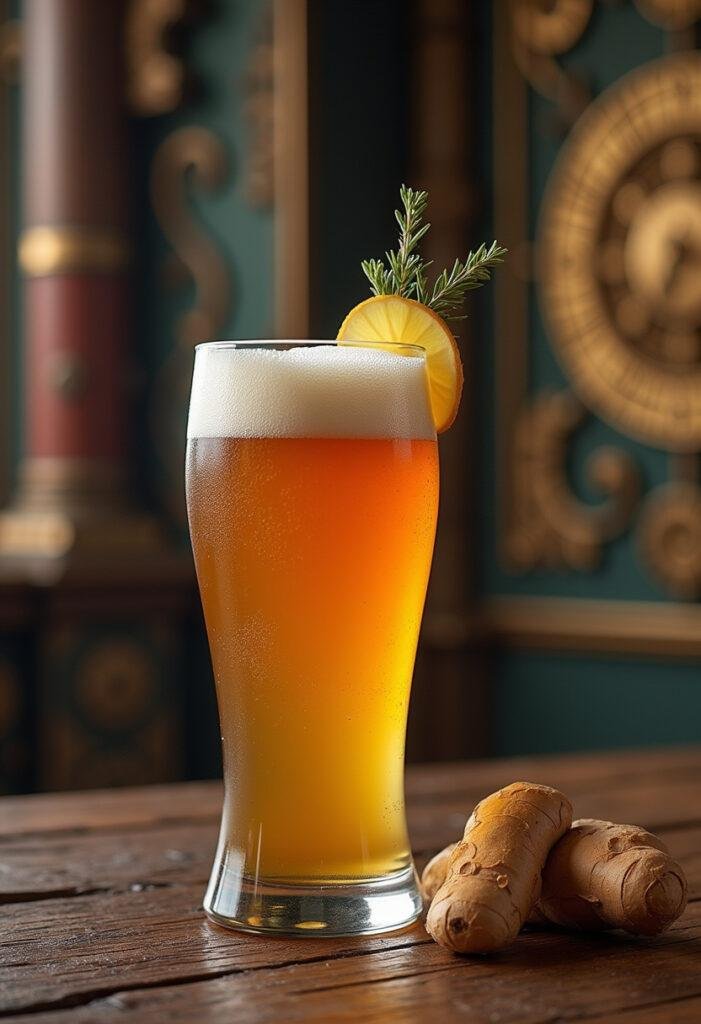 Loki Sylvie's Asgardian Ale (Ginger Ale) served in a glass with ginger garnish in a majestic Asgardian setting.