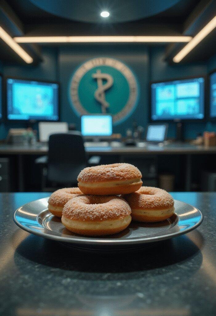 Loki TVA Time Variance Authority Donuts laid out in a TVA office setting with futuristic decor, perfect for fans of the Marvel Loki series.