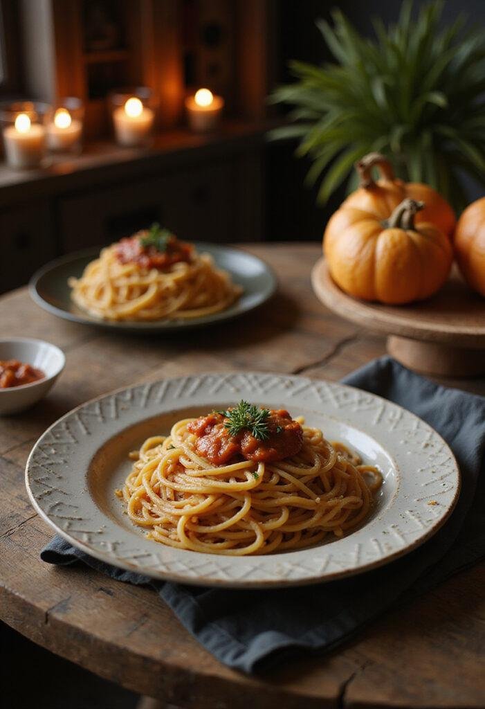 Loki The Sacred Timeline Spaghetti plated in a medieval fantasy setting, featuring herbs and rich sauce, inspired by the world of Loki.