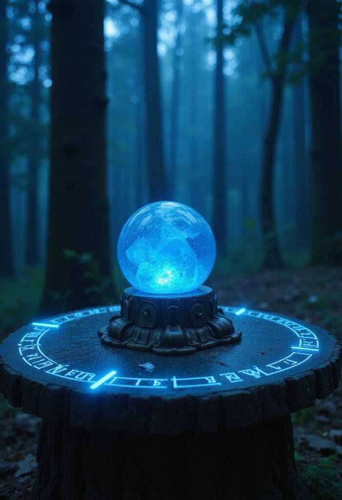 Loki The Tesseract Blue Rock Candy displayed on a mystical altar in a fantasy, Norse-inspired setting with glowing runes and blue lighting.