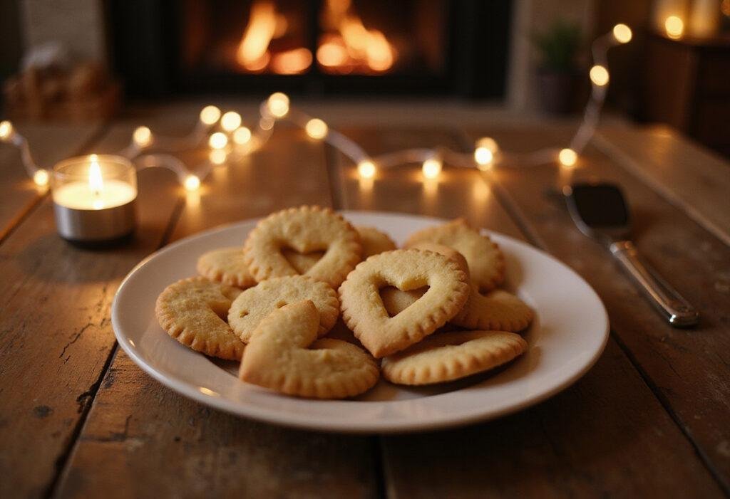 Love Actually-inspired shortbread biscuits on a cozy wooden table with romantic decor, perfect for a romantic movie food setting