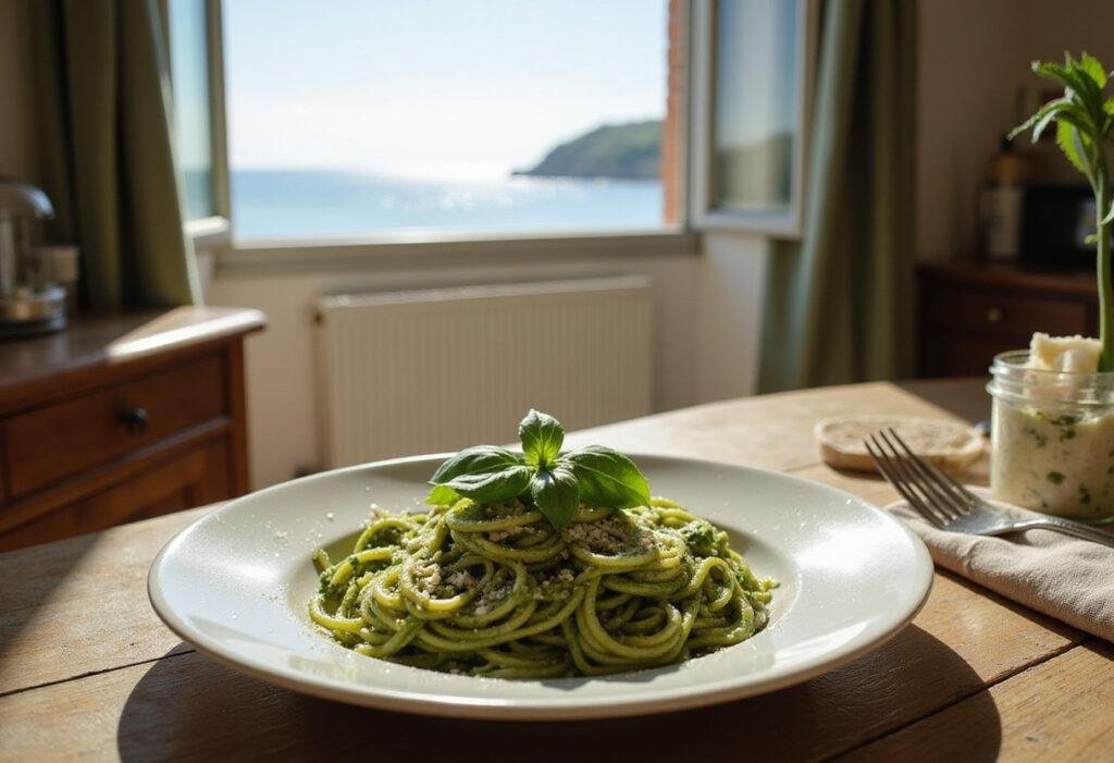 Luca's Trenette al Pesto dish on a rustic table in an Italian seaside kitchen, showcasing vibrant green pasta with basil and cheese, inspired by Luca movie recipes.
