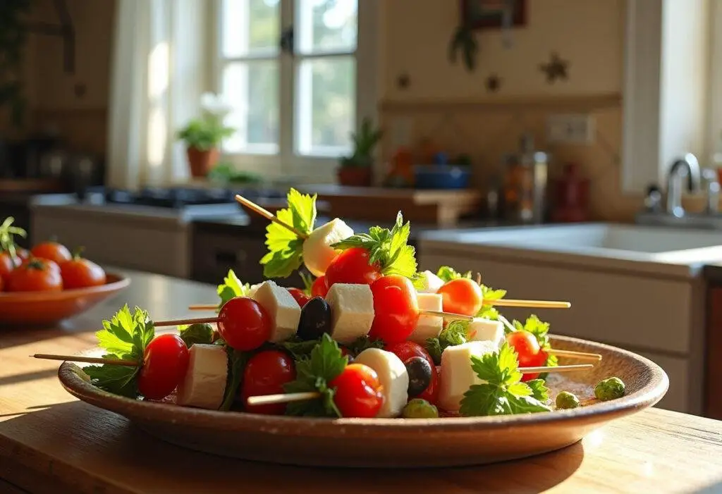 Mamma Mia!'s Greek Salad Skewers in a Mediterranean setting showcasing fresh vegetables and feta cheese on skewers.