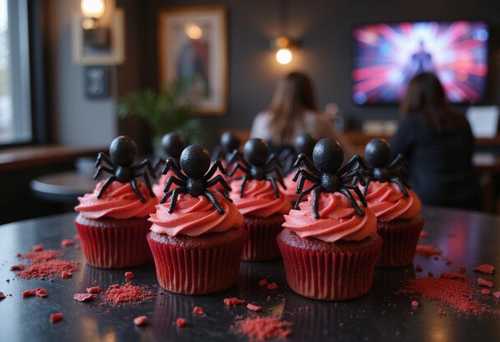 Marvel Cinematic Universe Black Widow's Red Room Velvet Cupcakes displayed on a themed table with black widow spider toppers, inspired by Marvel movies.