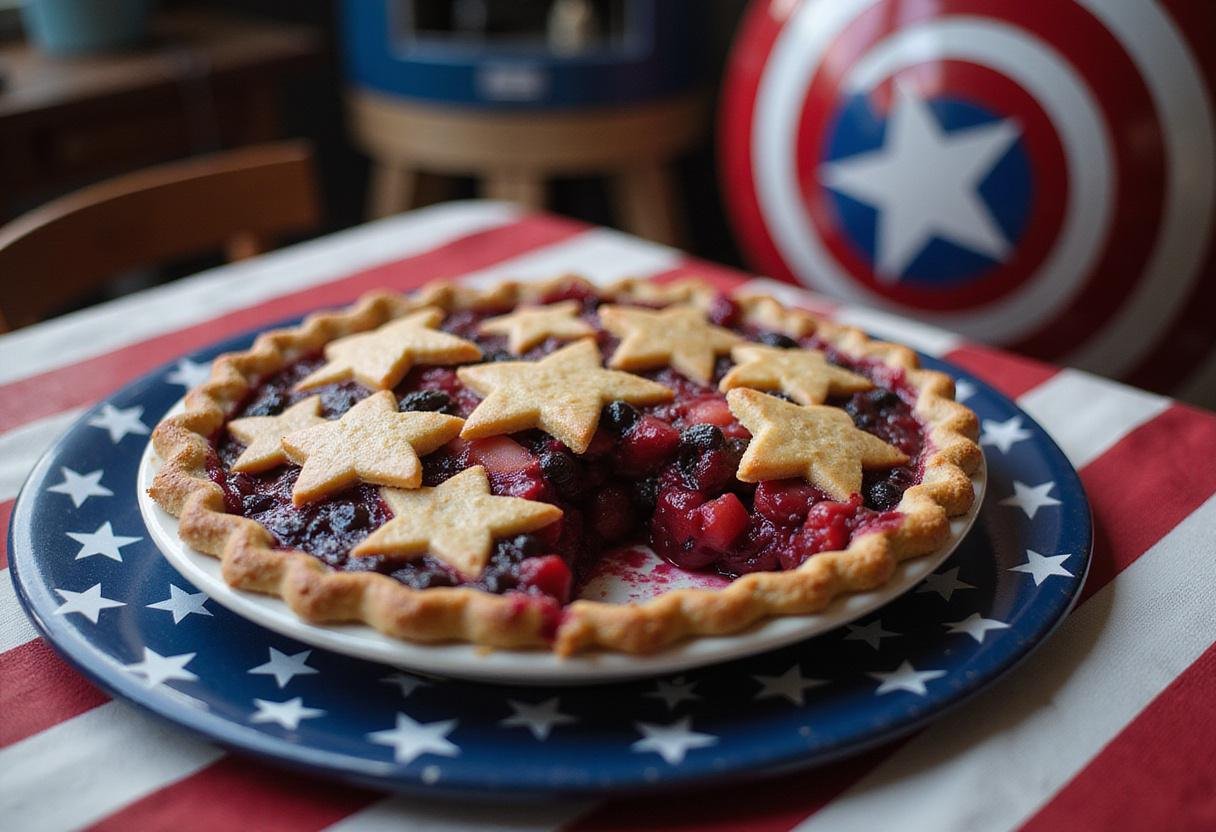 Marvel Cinematic Universe Captain America's Star-Spangled Berry Pie displayed on a patriotic-themed table with a star-shaped crust and vibrant berries, inspired by Marvel.