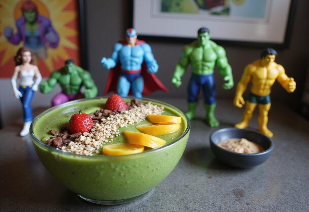 Marvel Cinematic Universe Hulk's Smash Green Smoothie Bowl with fresh toppings in a superhero-themed setting
