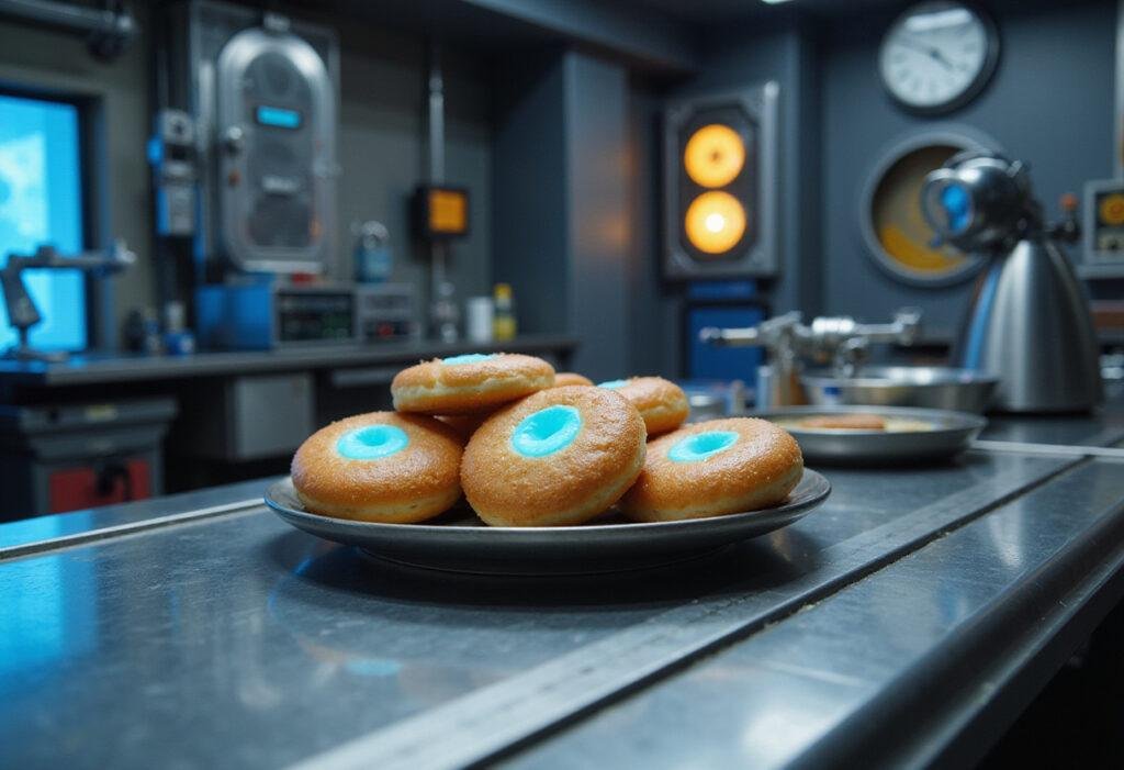 Marvel Cinematic Universe Iron Man arc reactor donuts plated in a high-tech lab setting, featuring glowing blue centers reminiscent of Tony Stark's arc reactor.