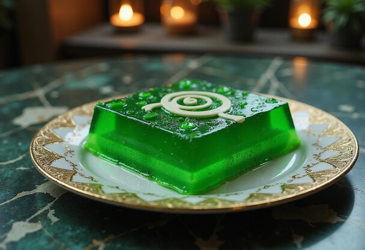 Loki's mischievous green jello from the Marvel Cinematic Universe, beautifully plated with Marvel-themed decorations, set in an Asgardian-inspired scene.