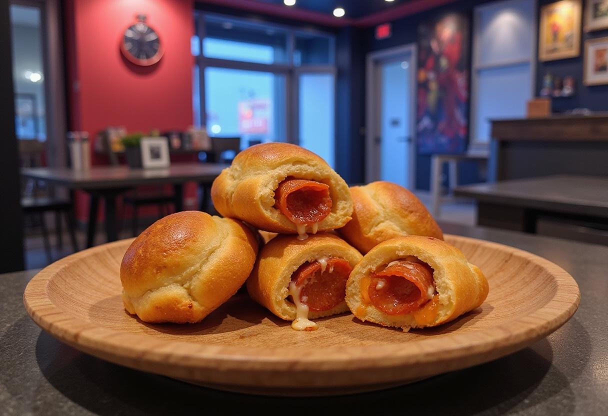 Marvel Cinematic Universe Spider-Man's Pizza Time Pepperoni Rolls on a wooden plate, realistic Marvel-themed kitchen setting
