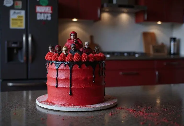 Marvel Wanda's Scarlet Witch Red Velvet Cake with crimson frosting in a Marvel-themed kitchen setting