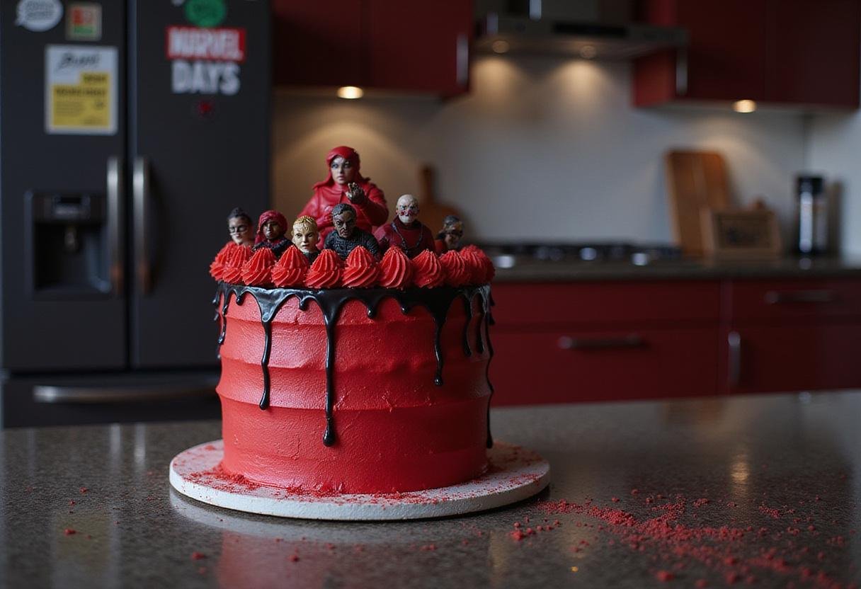Marvel Wanda's Scarlet Witch Red Velvet Cake with crimson frosting in a Marvel-themed kitchen setting