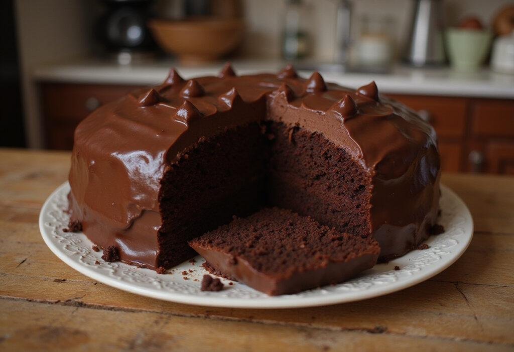 Bruce Bogtrotter's Chocolate Cake from Matilda, rich and fudgy with glossy frosting in a cozy kitchen setting