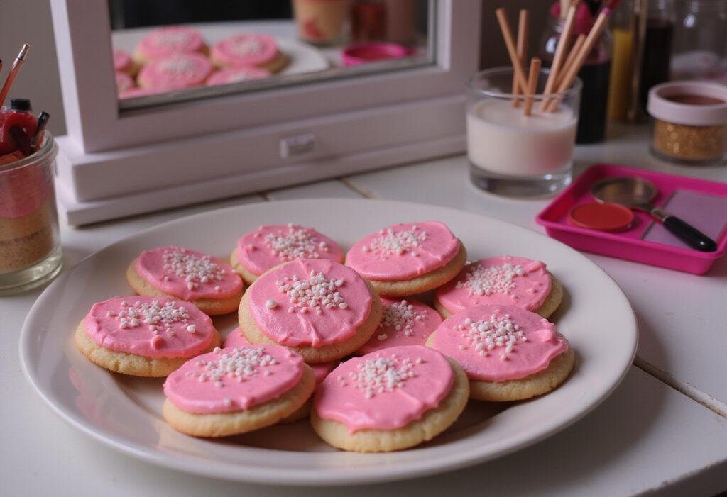 Pink frosted cookies with white sprinkles on a vanity table scene inspired by Mean Girls, showcasing Plastics food style.