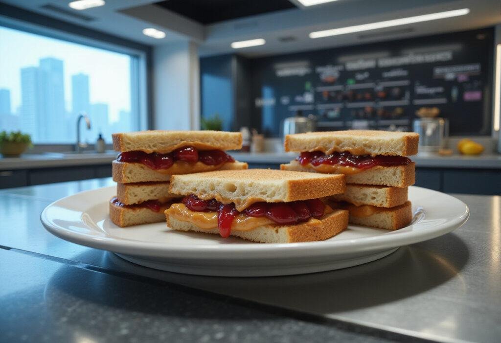 Meet the Robinsons PB&J sandwiches on a futuristic kitchen counter, showcasing a classic yet innovative take on peanut butter and jelly sandwiches.