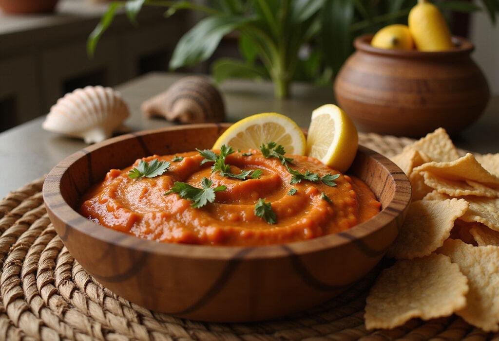 Moana's Shiny Tamatoa Crab Dip served in a Polynesian-inspired setting, showcasing a vibrant crab dip garnished with herbs and lemon, perfect for themed movie-inspired cuisine.