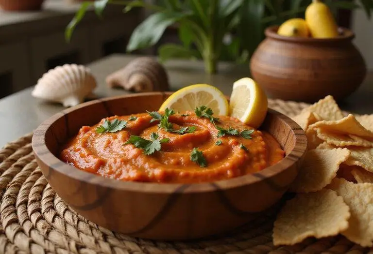 Moana's Shiny Tamatoa Crab Dip served in a Polynesian-inspired setting, showcasing a vibrant crab dip garnished with herbs and lemon, perfect for themed movie-inspired cuisine.
