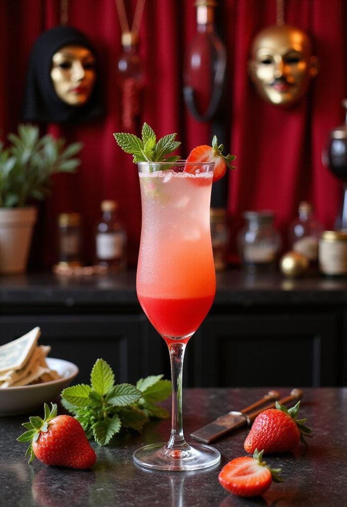 Berlin's Bella Ciao Bellini mocktail in a glass with strawberries and mint, inspired by Money Heist, styled in a chic bar setting