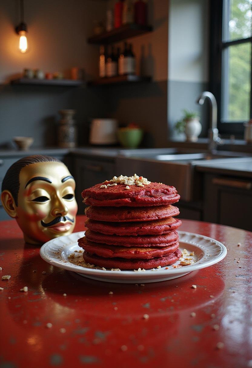 Red velvet pancakes with a Money Heist Dalí mask in a modern kitchen setting, perfect for themed breakfast lovers.