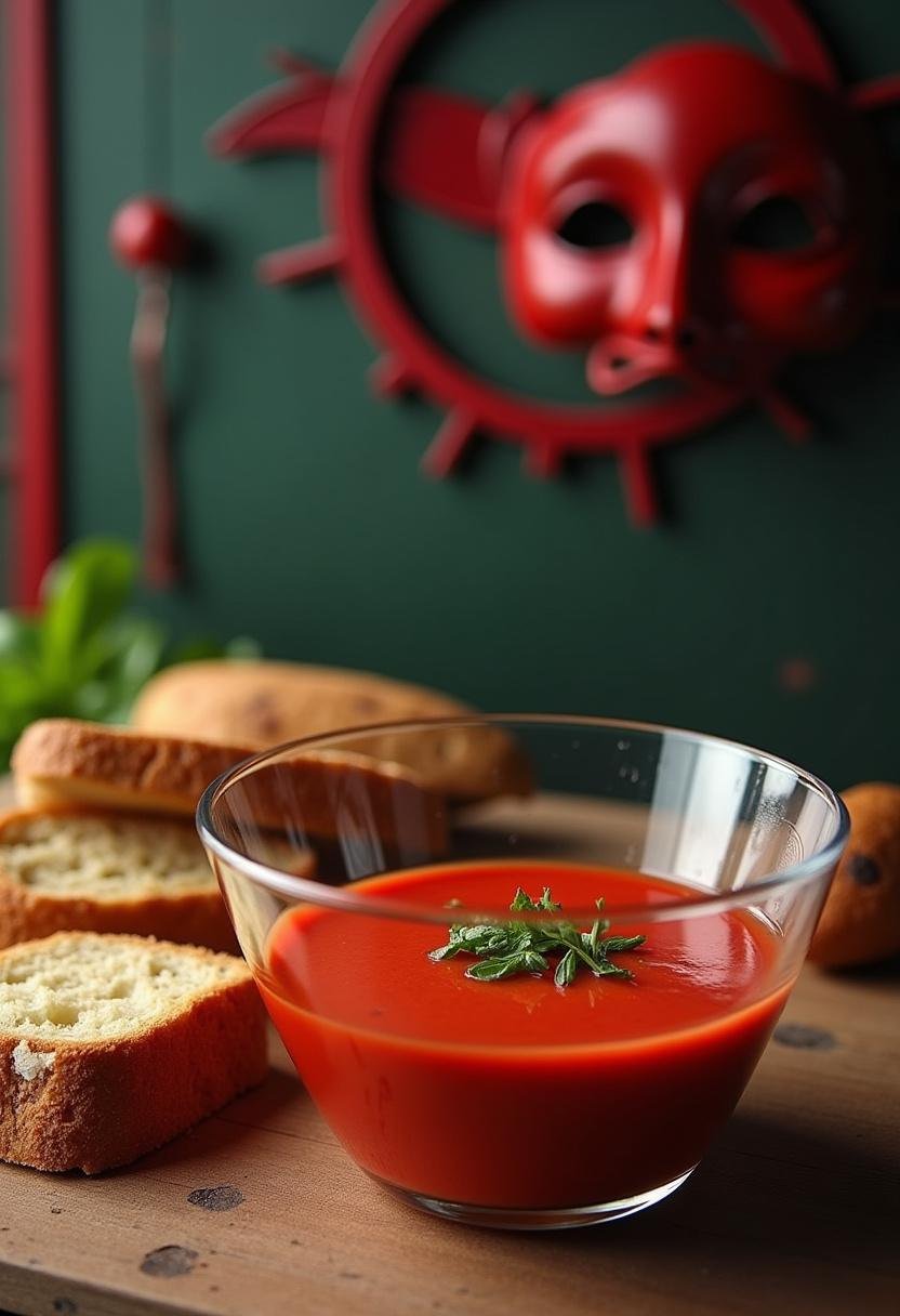 Lisbon's Tactical Gazpacho served in a realistic kitchen setting, inspired by Money Heist, showcasing a vibrant red cold soup garnished with herbs and rustic bread.