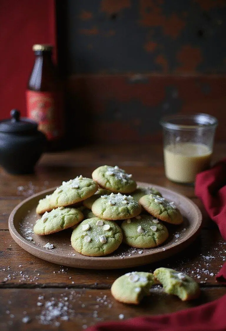 Nairobi's Forged Money Green Tea Cookies on a rustic tray in a cozy kitchen with Money Heist-inspired red and black decor, perfect for fans of the show.