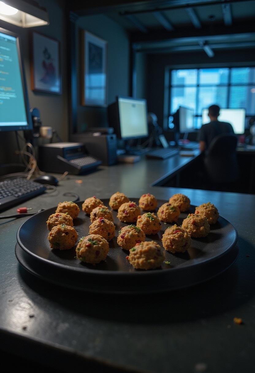Money Heist Rio's Hacker Fuel Energy Bites arranged on a tray in a hacker-themed setting, highlighting a gritty, TV show inspired atmosphere.