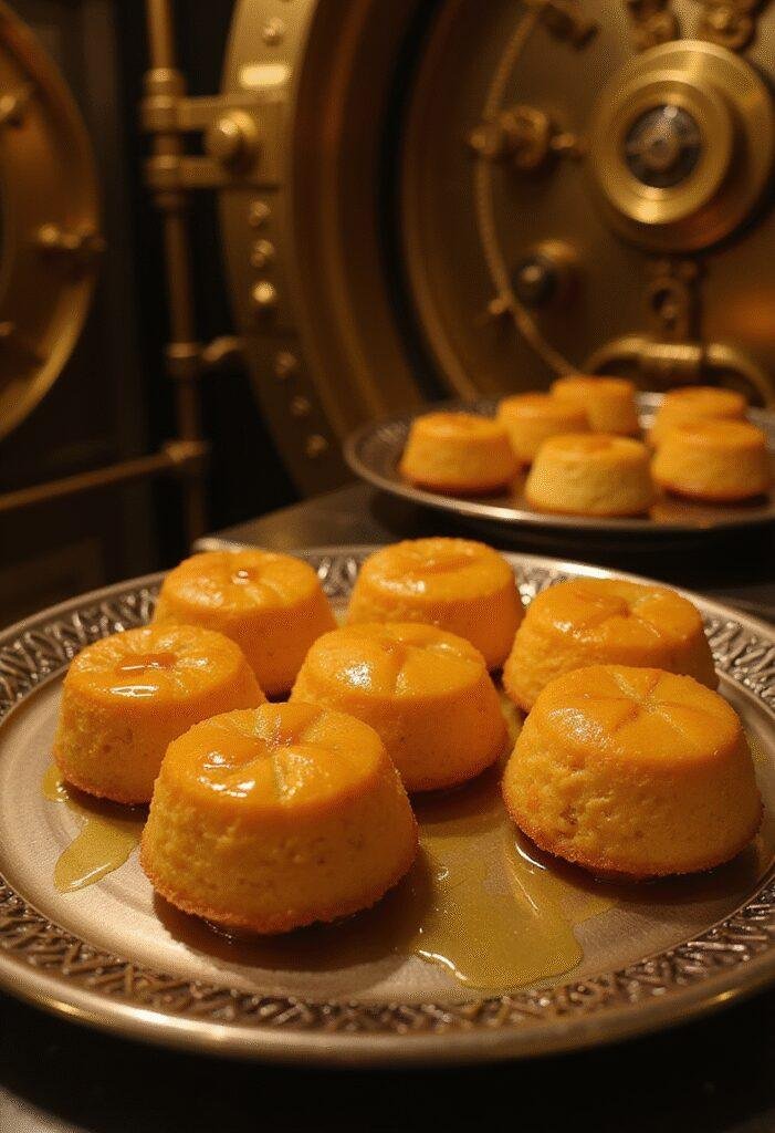 Money Heist Royal Mint Gold Bar Honey Cakes beautifully plated in a vault-inspired setting, highlighting the golden glaze and rich texture of the honey cakes.