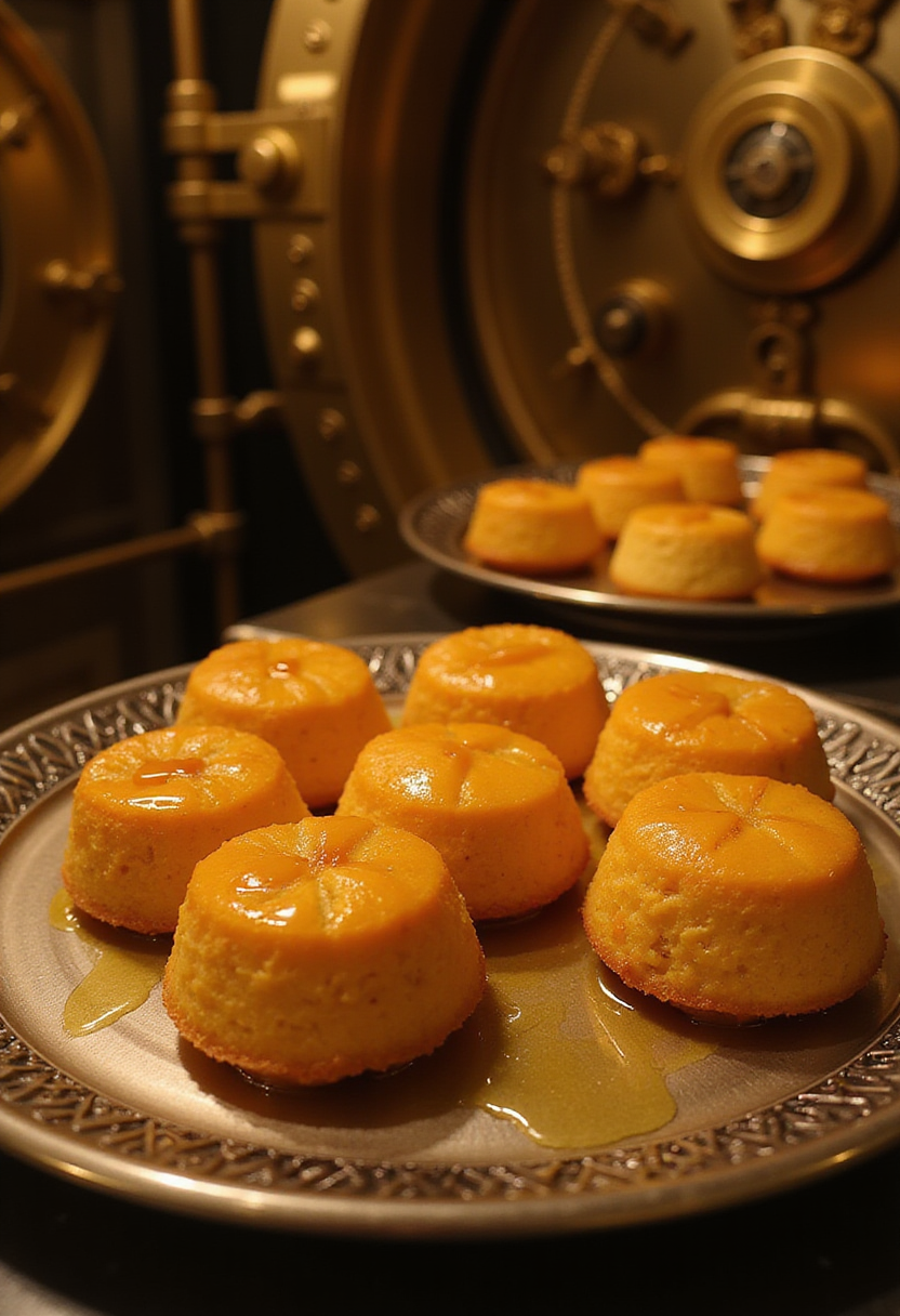 Money Heist Royal Mint Gold Bar Honey Cakes beautifully plated in a vault-inspired setting, highlighting the golden glaze and rich texture of the honey cakes.