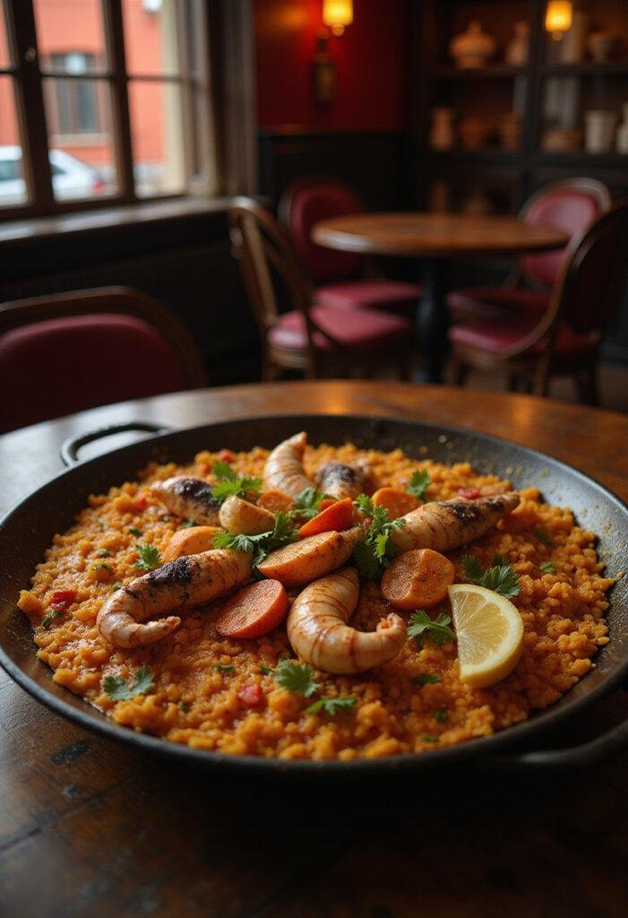 Authentic paella with seafood and saffron rice in a Money Heist-inspired setting, featuring vibrant colors and rustic presentation.